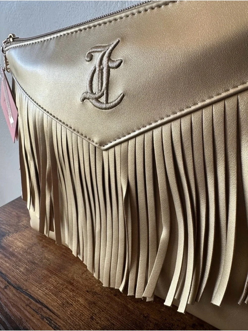 Juicy Couture Metallic Gold Fringe Cosmetic Bag with Embroidered Logo NWT